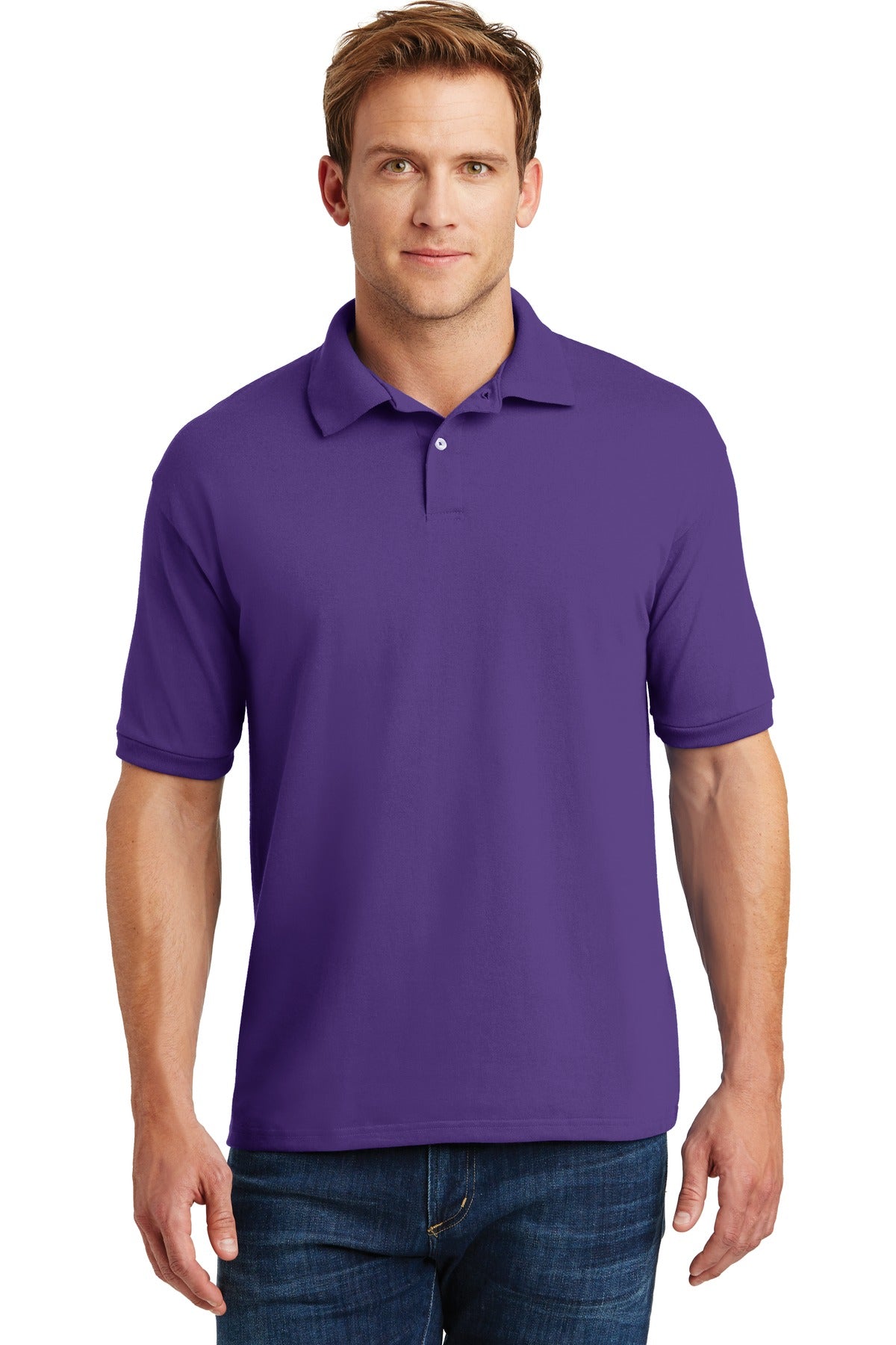 Front View of Purple Hanes EcoSmart - 5.2-Ounce Jersey Knit Sport Shirt 054X