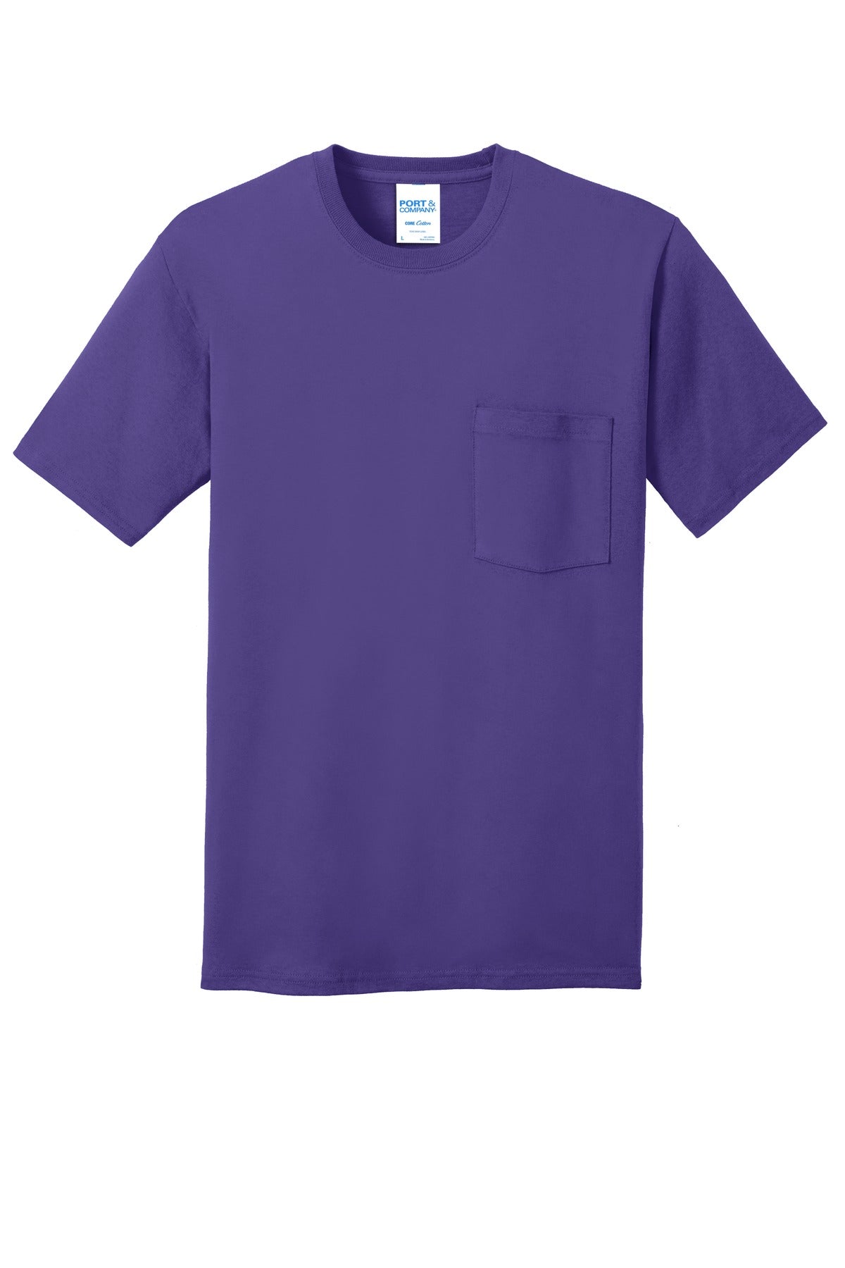 Front View of Purple Port & Company Core Cotton Pocket Tee. PC54P
