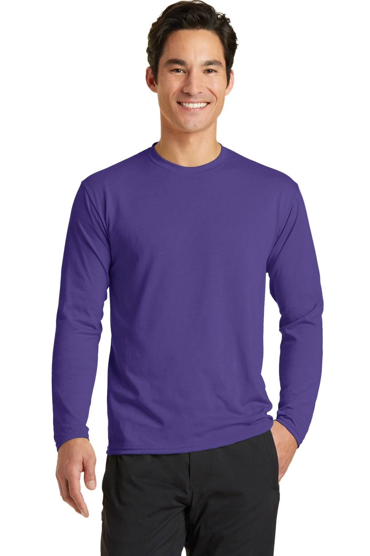 Front View of Purple Port & Company Long Sleeve Performance Blend Tee. PC381LS