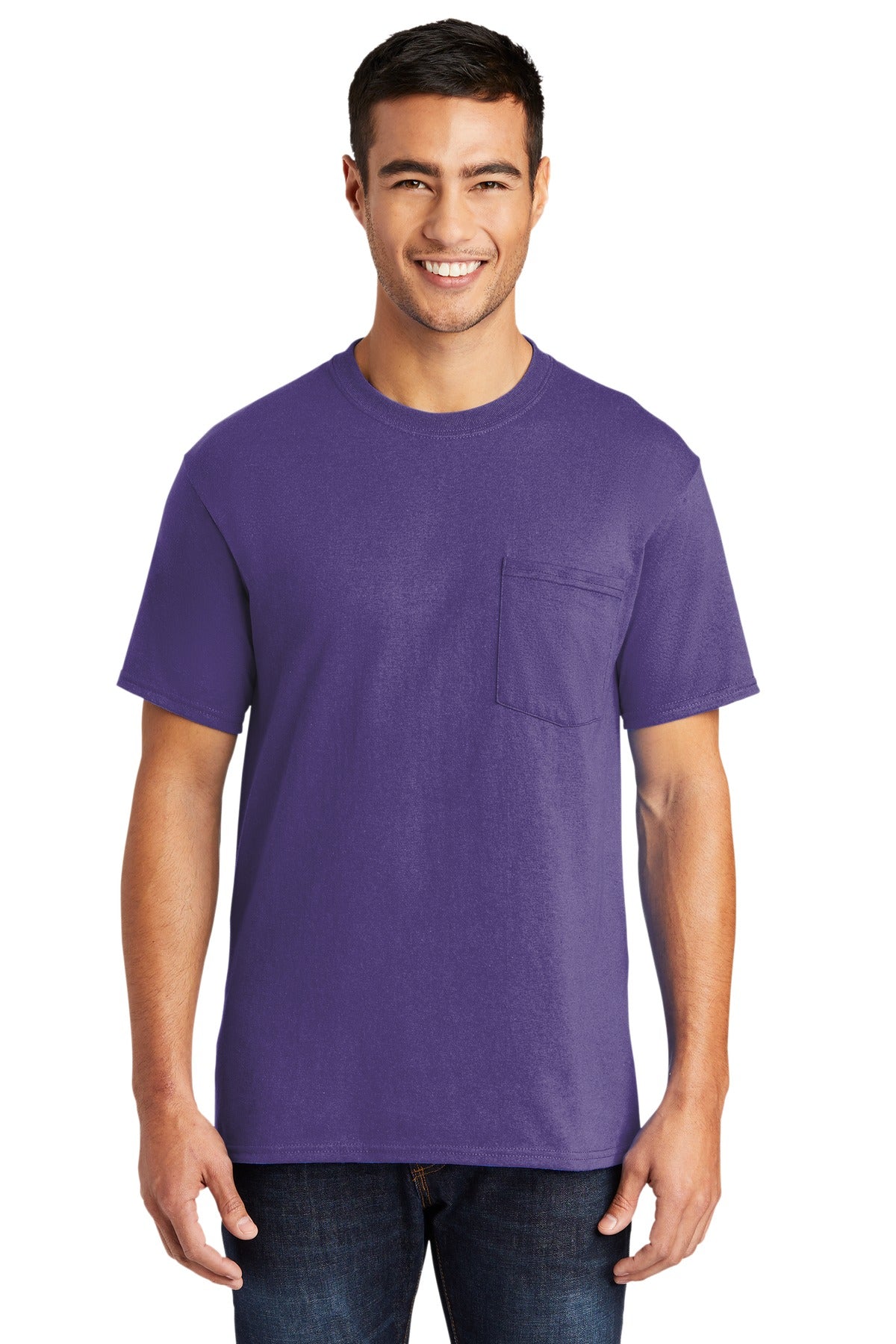 Front View of Purple Port & Company Tall Core Blend Pocket Tee. PC55PT