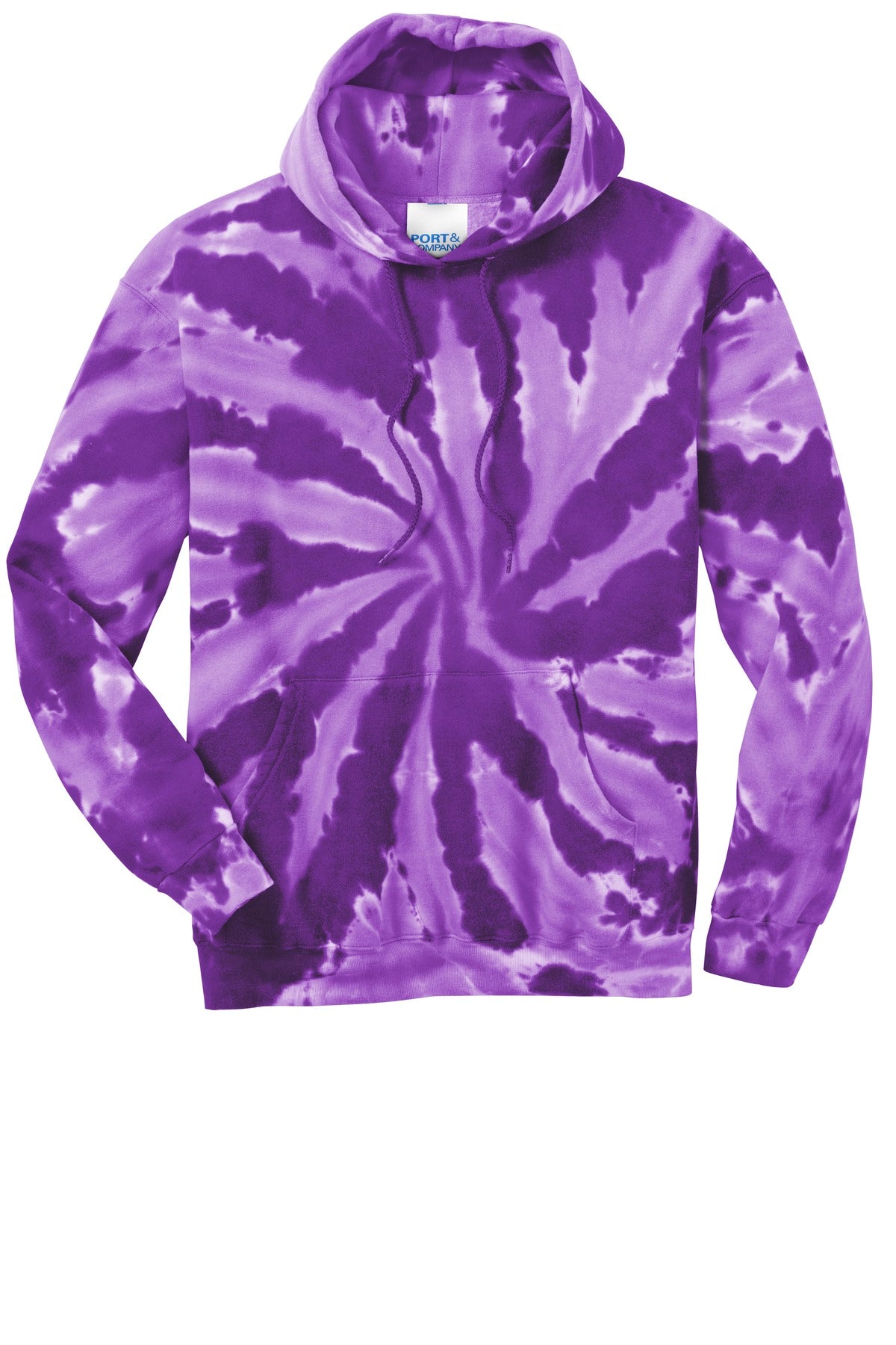 Front View of Purple Port & Company Tie-Dye Pullover Hooded Sweatshirt. PC146