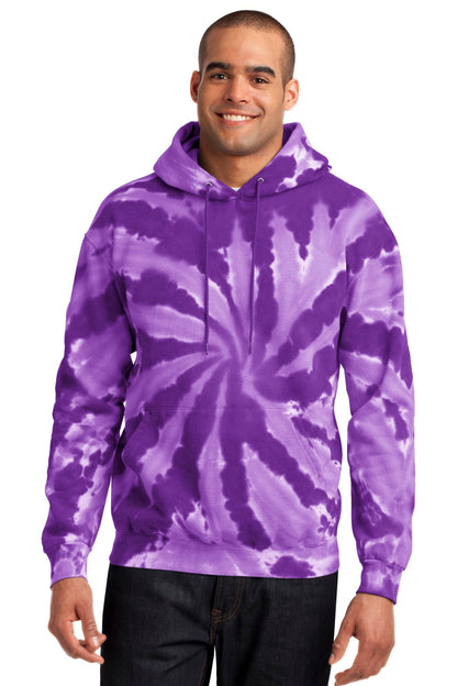 Front View of Purple Port & Company Tie-Dye Pullover Hooded Sweatshirt. PC146
