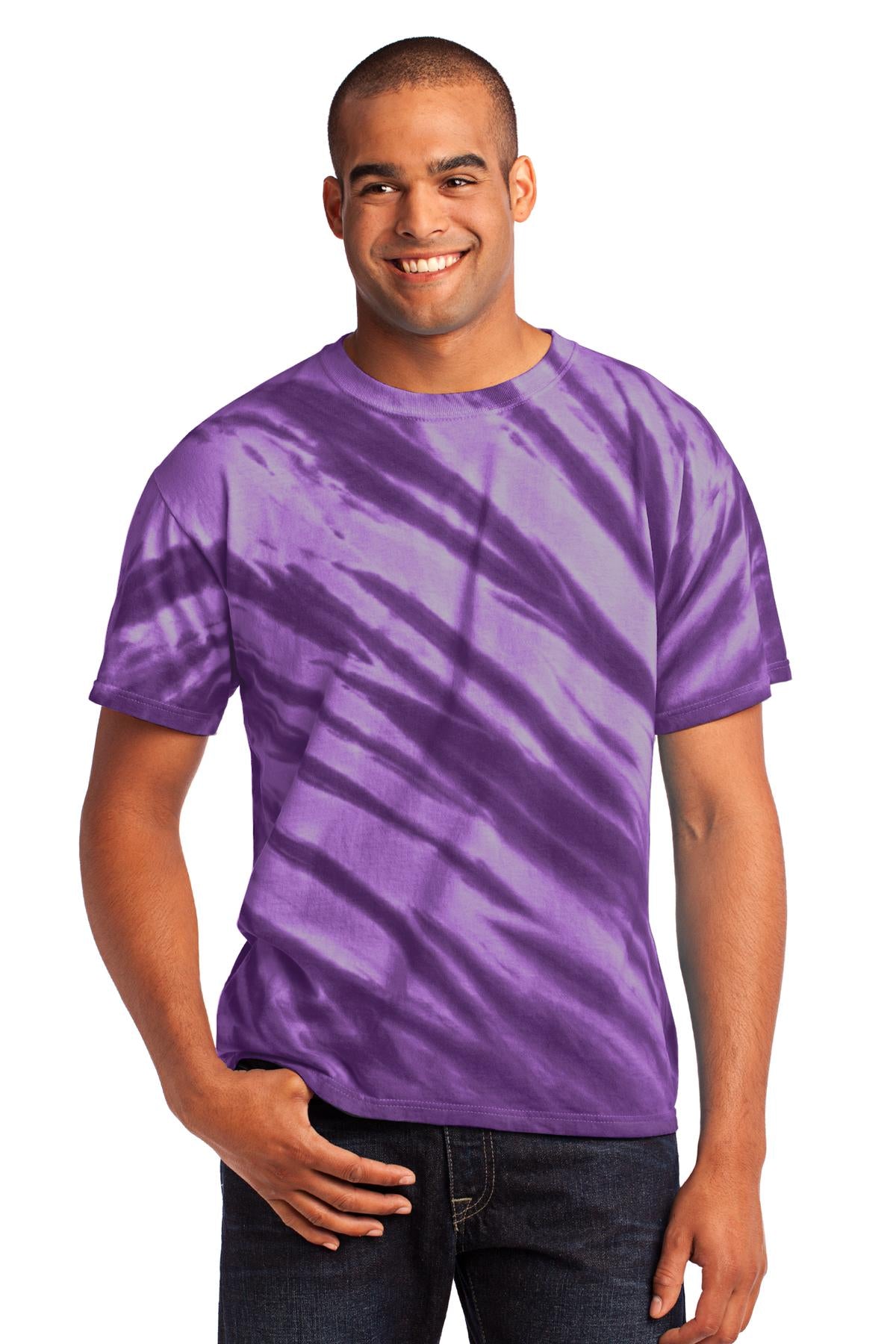 Front View of Purple Port & Company - Tiger Stripe Tie-Dye Tee. PC148