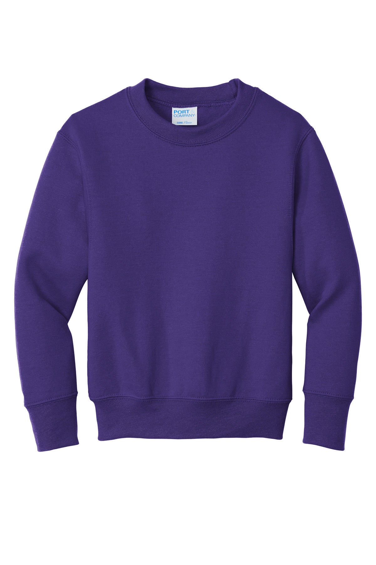 Front View of Purple Port & Company Youth Core Fleece Crewneck Sweatshirt. PC90Y