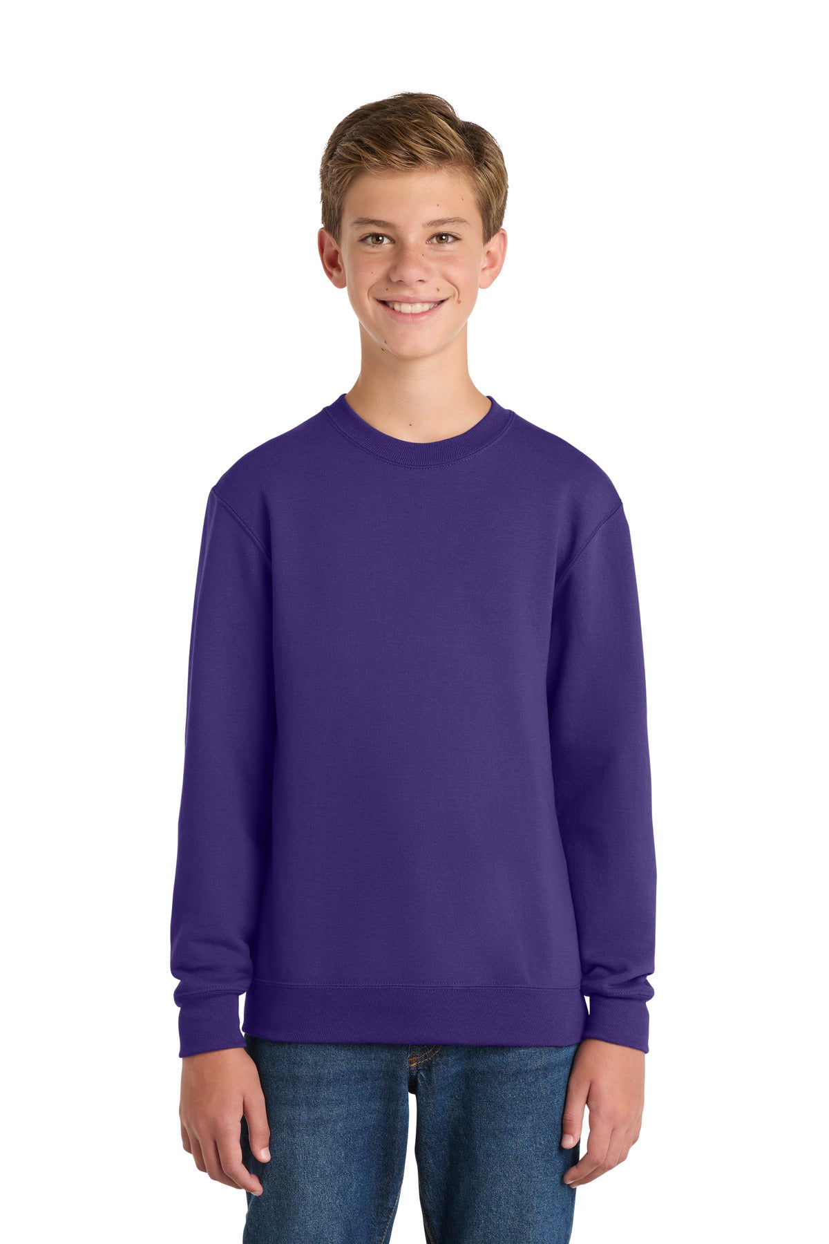 Front View of Purple Port & Company Youth Core Fleece Crewneck Sweatshirt. PC90Y