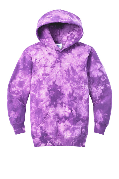 Front View of Purple Port & Company Youth Crystal Tie-Dye Pullover Hoodie PC144Y