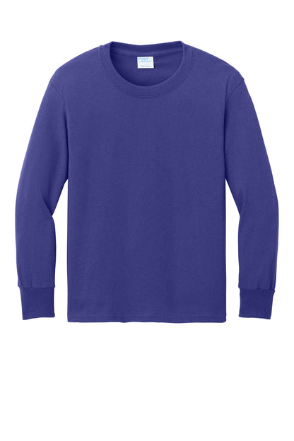 Front View of Purple Port & Company Youth Long Sleeve Core Cotton Tee. PC54YLS