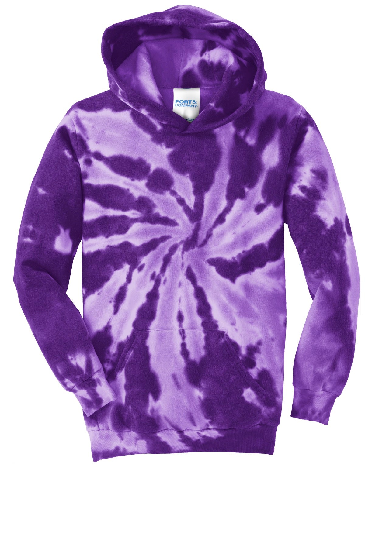 Front View of Purple Port & Company Youth Tie-Dye Pullover Hooded Sweatshirt. PC146Y