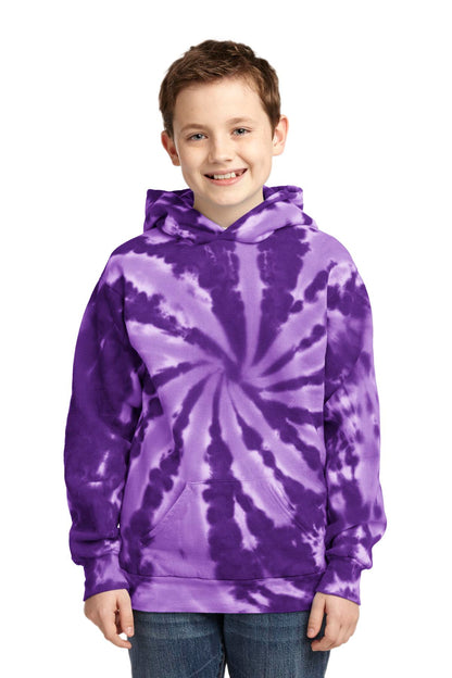 Front View of Purple Port & Company Youth Tie-Dye Pullover Hooded Sweatshirt. PC146Y