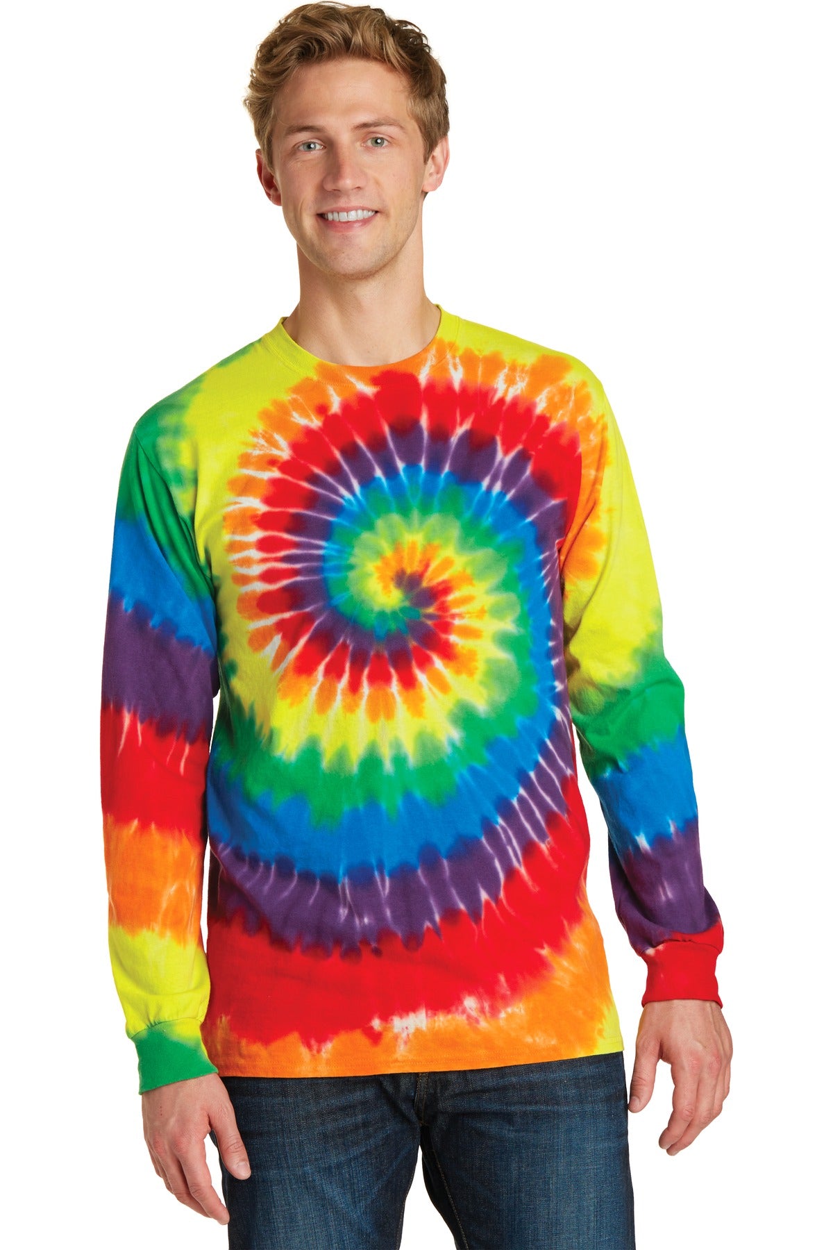 Front View of Rainbow Port & Company Tie-Dye Long Sleeve Tee. PC147LS