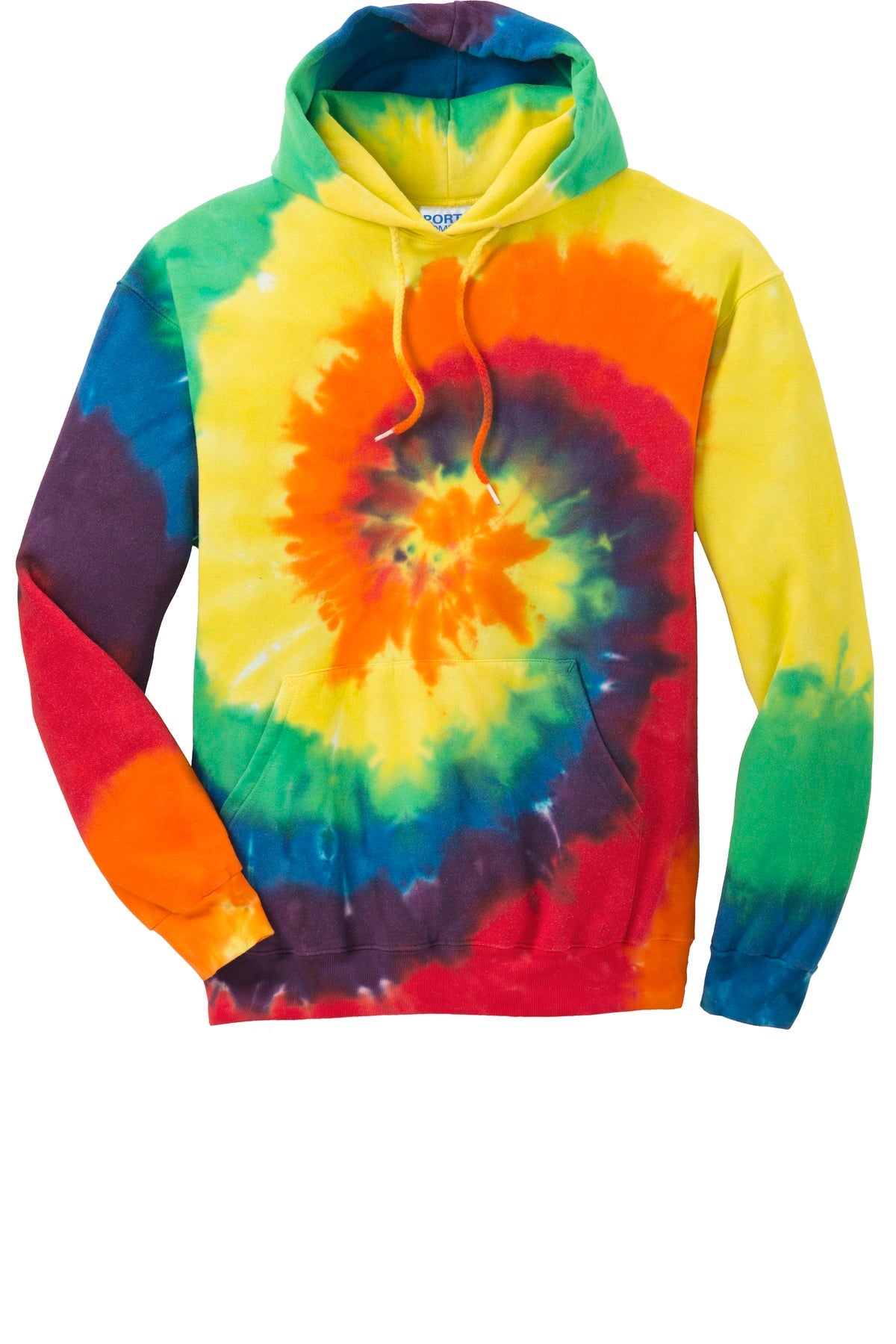 Front View of Rainbow Port & Company Tie-Dye Pullover Hooded Sweatshirt. PC146