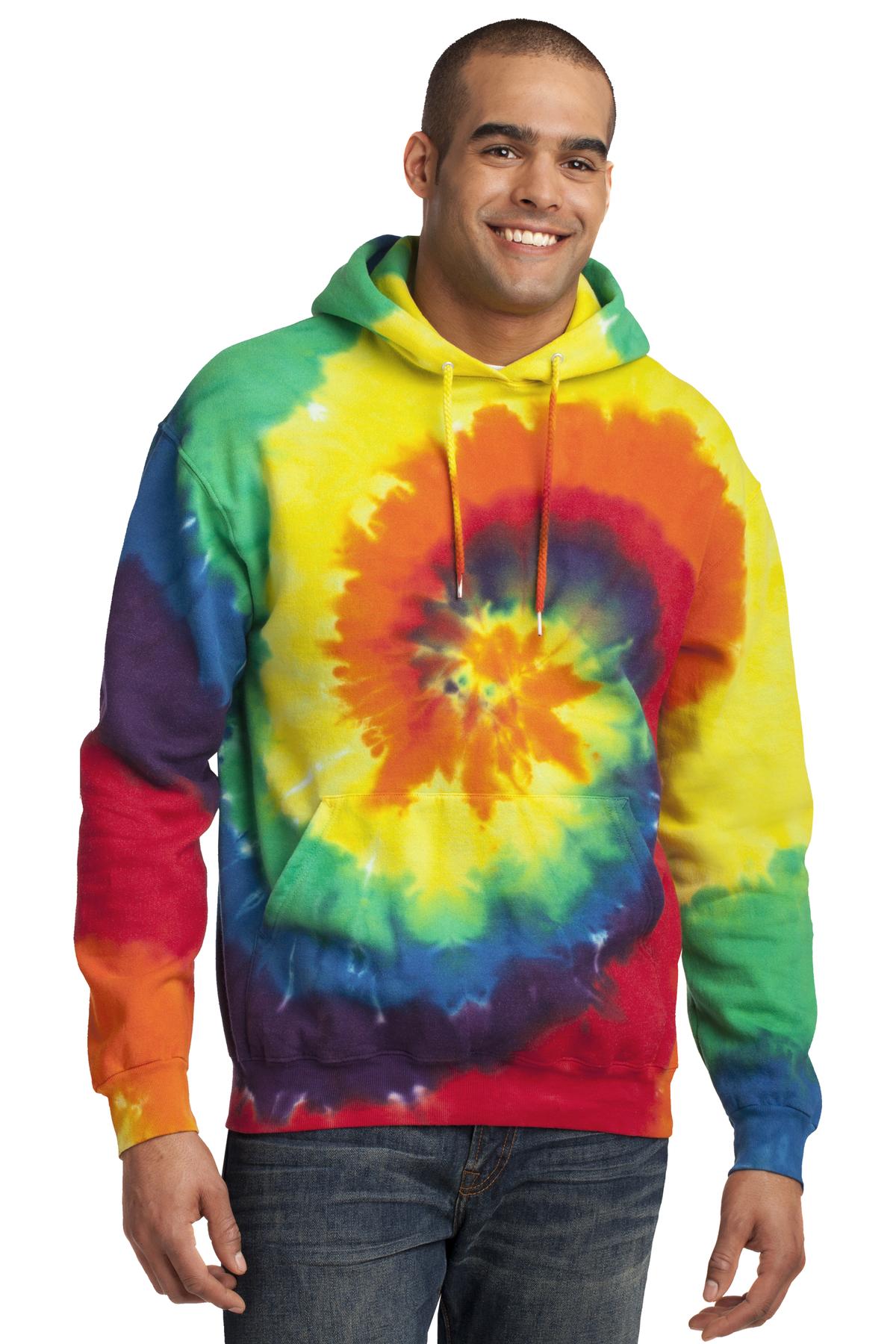 Front View of Rainbow Port & Company Tie-Dye Pullover Hooded Sweatshirt. PC146
