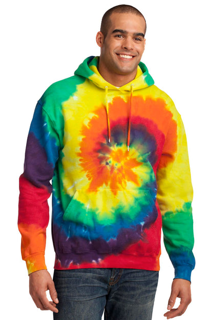 Front View of Rainbow Port & Company Tie-Dye Pullover Hooded Sweatshirt. PC146