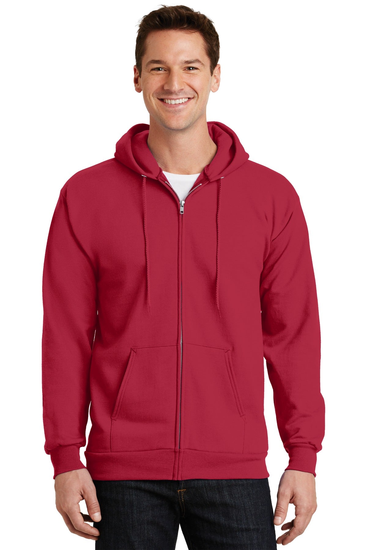 Front View of Red Port & Company Essential Fleece Full-Zip Hooded Sweatshirt. PC90ZH