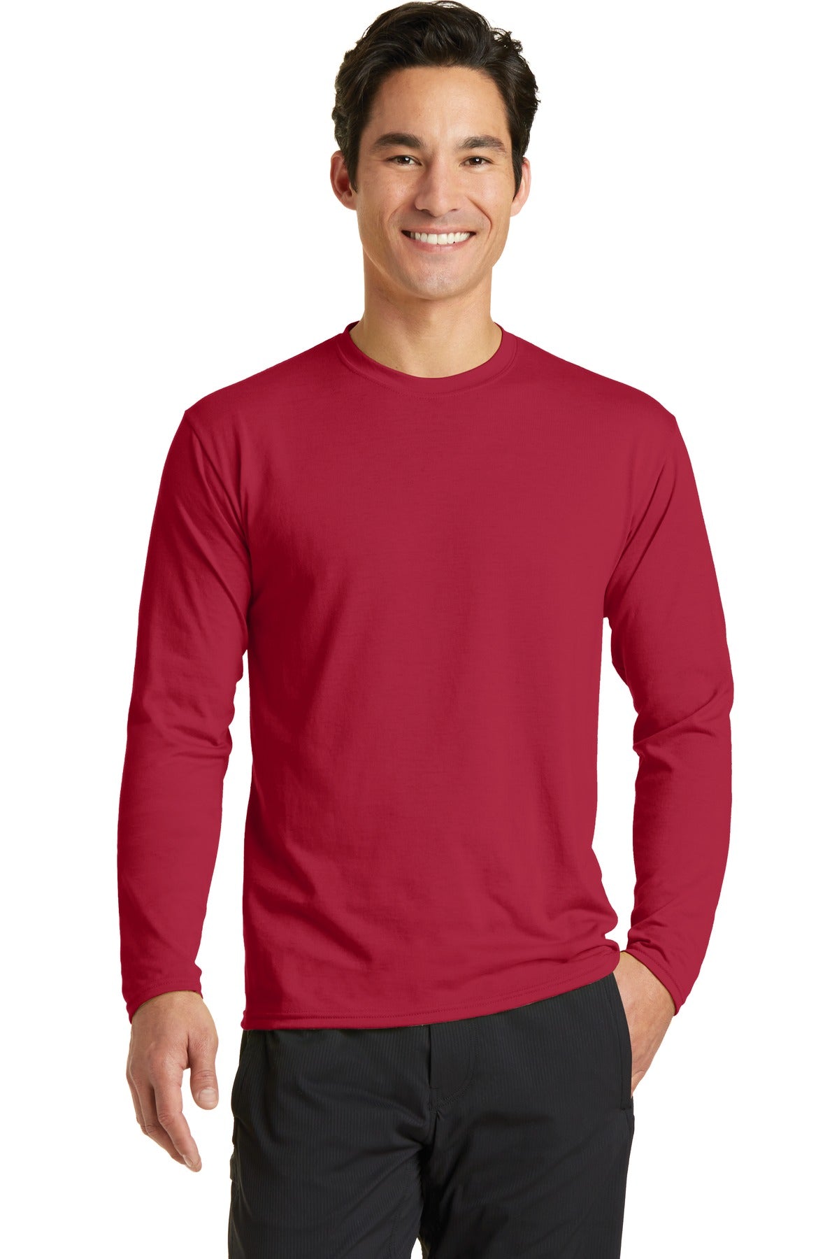 Front View of Red Port & Company Long Sleeve Performance Blend Tee. PC381LS