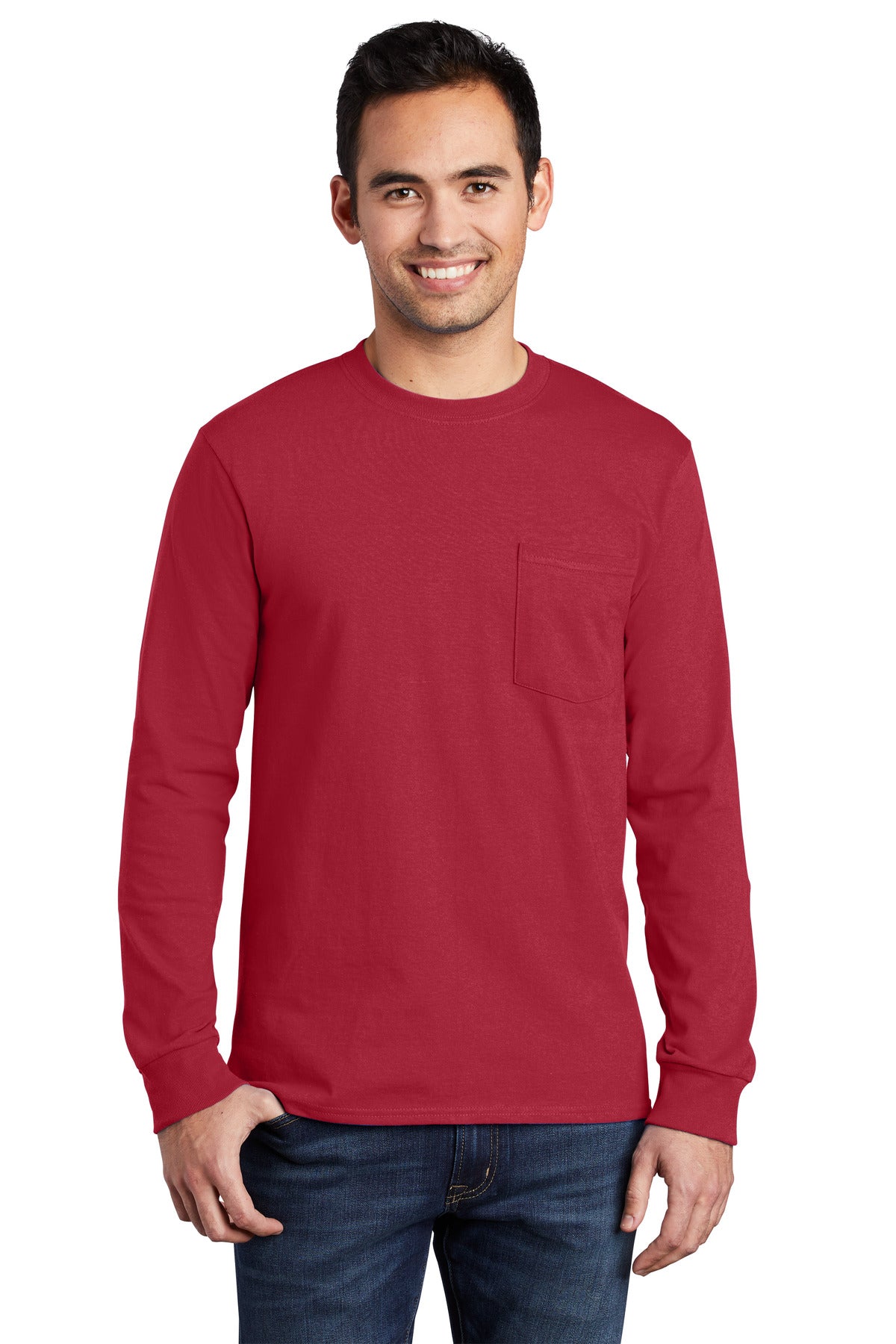 Front View of Red Port & Company Tall Long Sleeve Essential Pocket Tee. PC61LSPT