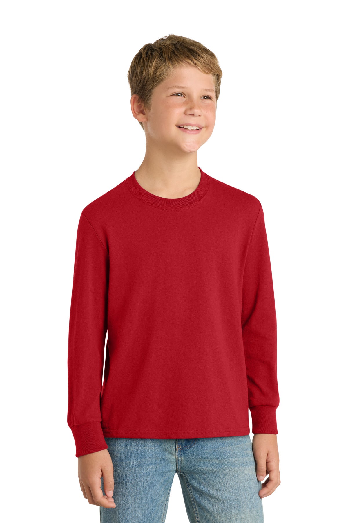 Front View of Red Port & Company Youth Long Sleeve Core Cotton Tee. PC54YLS