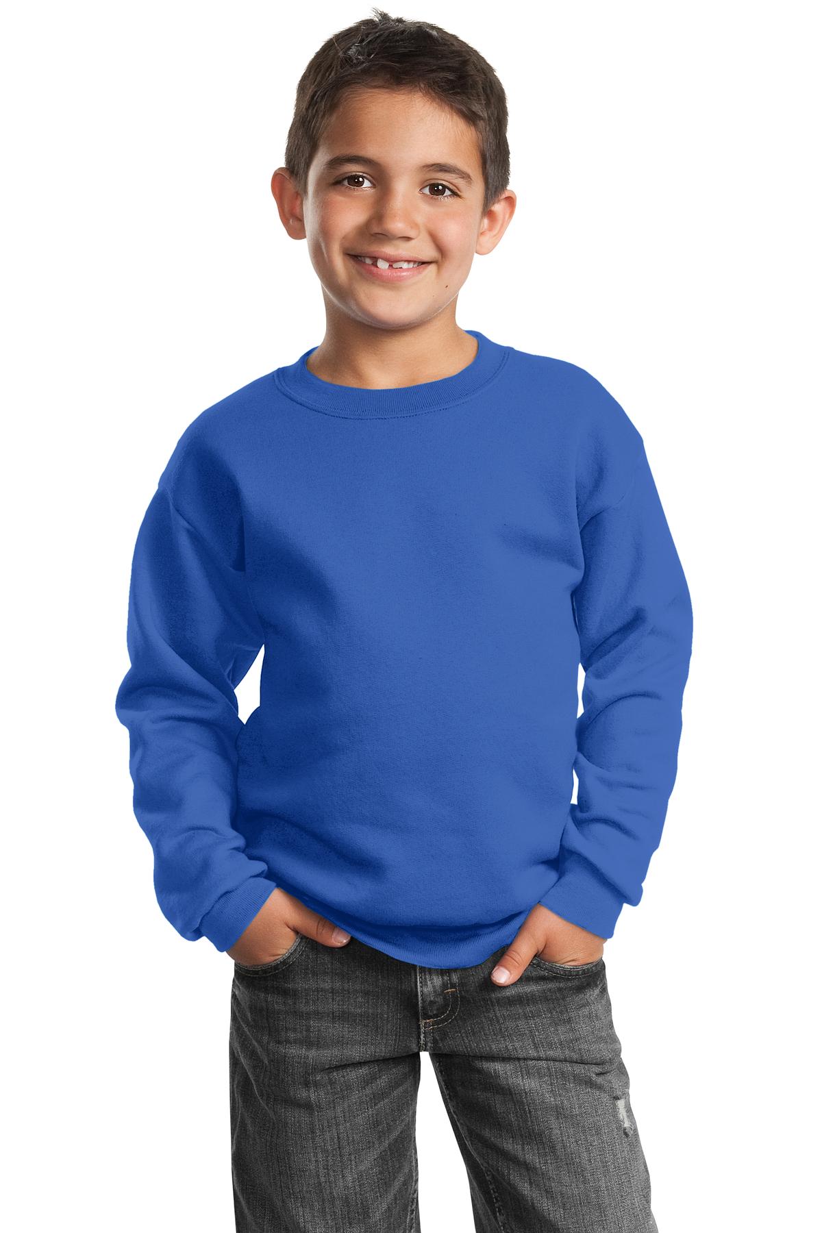 Front View of Royal Blue Port & Company Youth Core Fleece Crewneck Sweatshirt. PC90Y