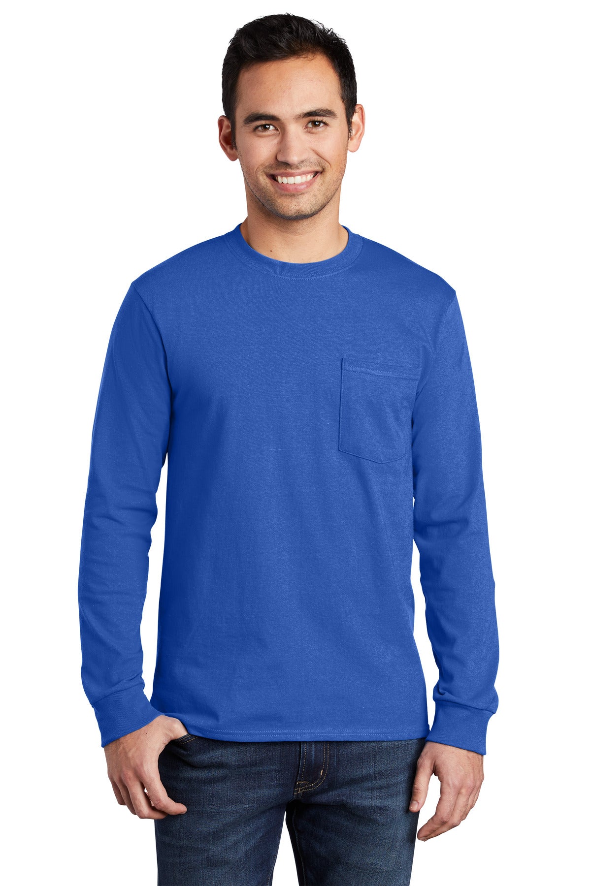 Front View of Royal Port & Company Tall Long Sleeve Essential Pocket Tee. PC61LSPT