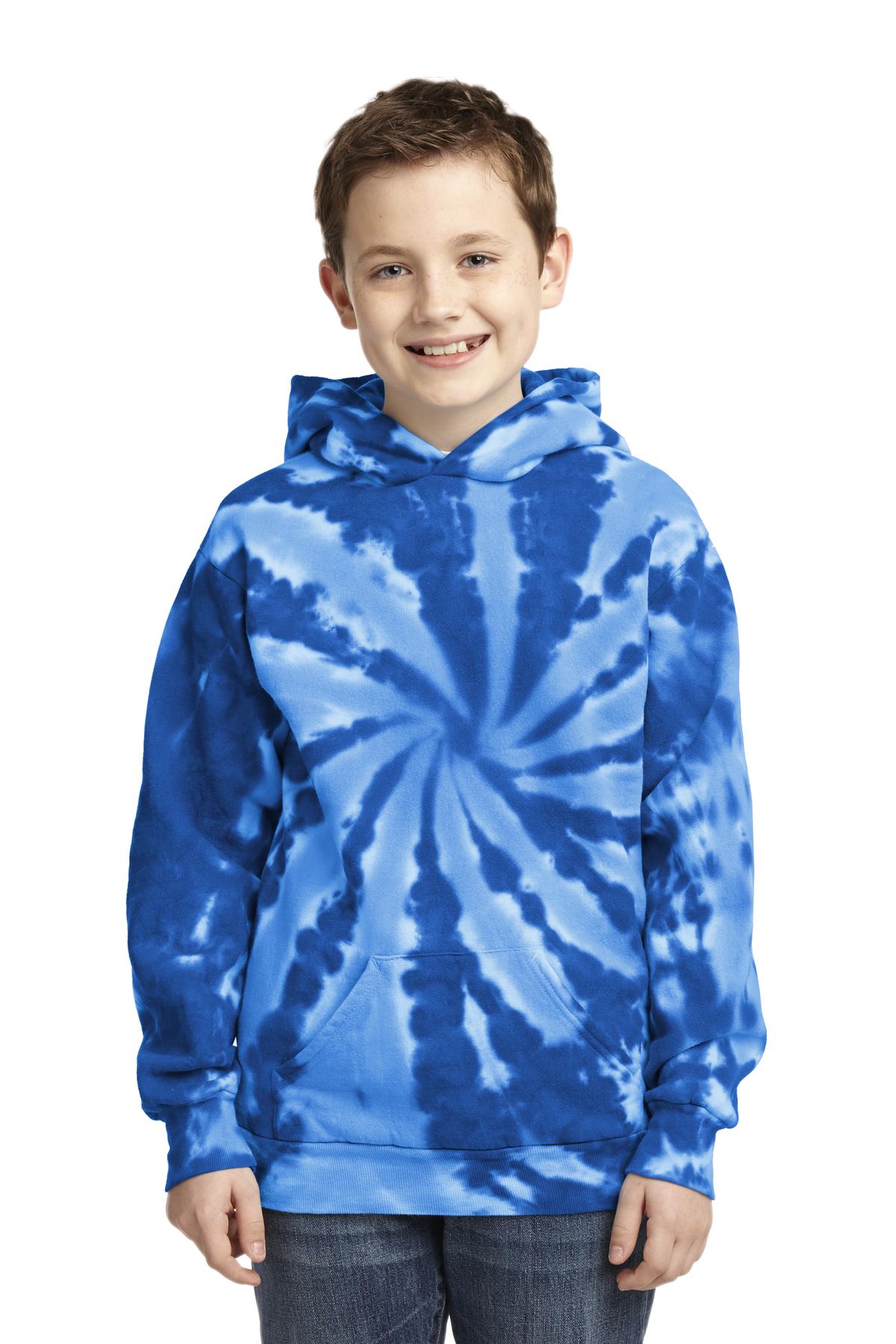 Front View of Royal Port & Company Youth Tie-Dye Pullover Hooded Sweatshirt. PC146Y
