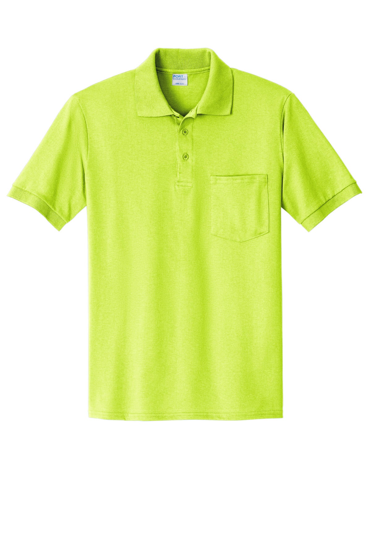 Front View of Safety Green Port & Company Core Blend Jersey Knit Pocket Polo. KP55P