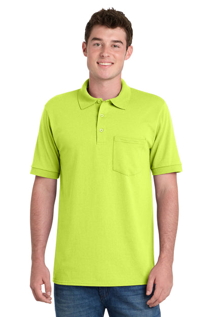 Front View of Safety Green Port & Company Core Blend Jersey Knit Pocket Polo. KP55P