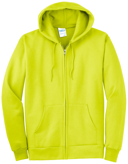 Front View of Safety Green Port & Company Essential Fleece Full-Zip Hooded Sweatshirt. PC90ZH