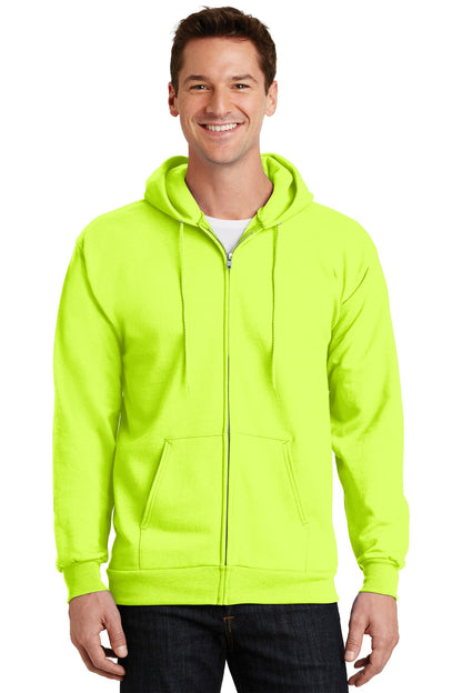Front View of Safety Green Port & Company Essential Fleece Full-Zip Hooded Sweatshirt. PC90ZH