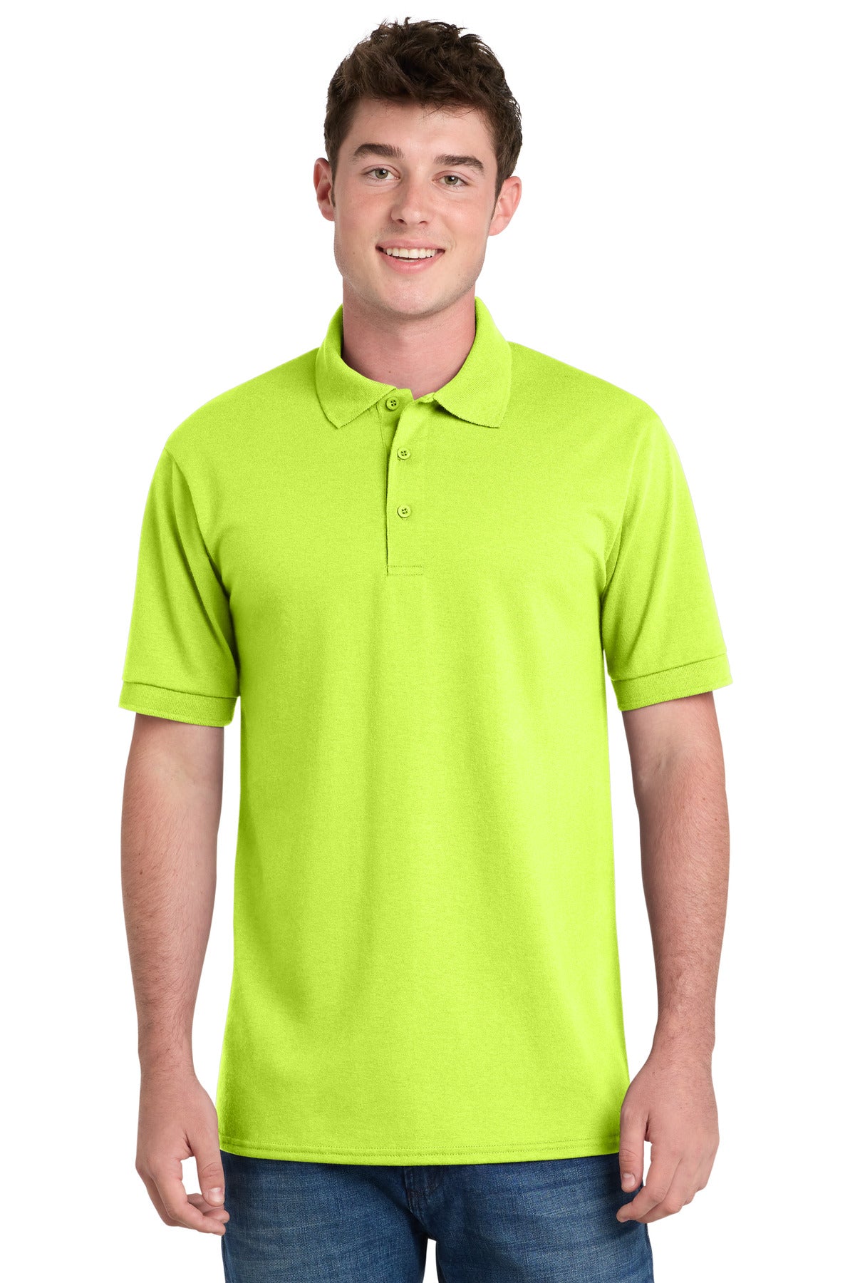 Front View of Safety Green Port & Company Tall Core Blend Jersey Knit Polo. KP55T
