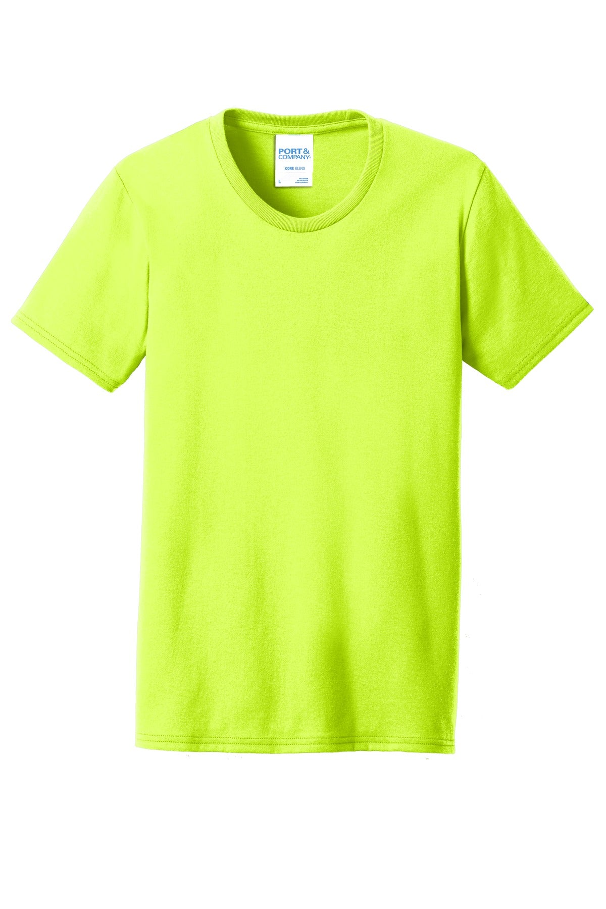 Front View of Safety Green Port & Company Women's Core Blend Tee. LPC55