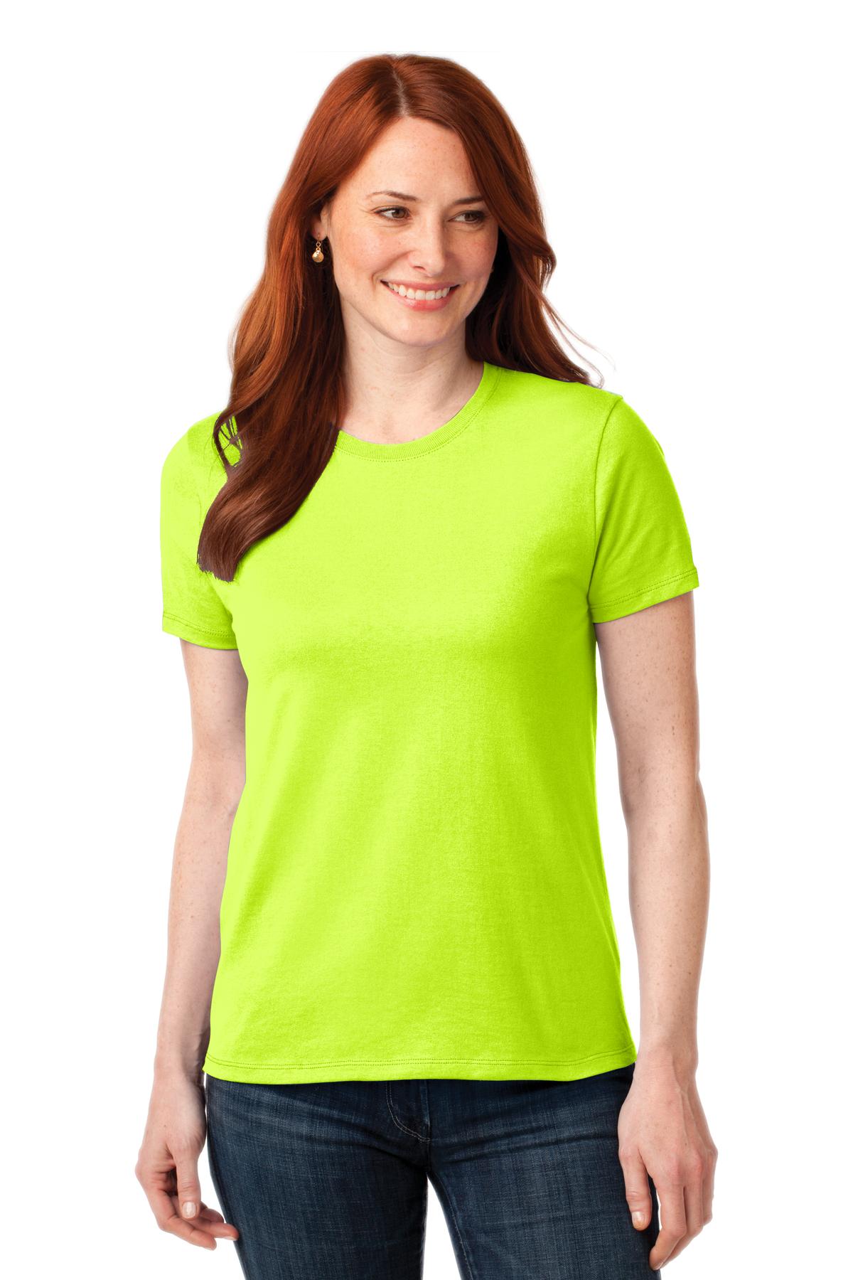 Front View of Safety Green Port & Company Women's Core Blend Tee. LPC55