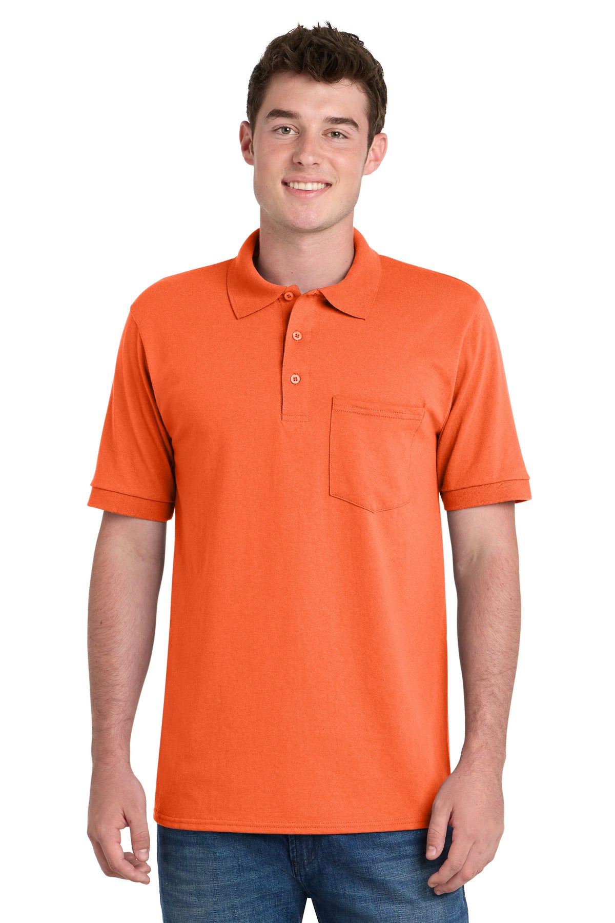 Front View of Safety Orange Port & Company Core Blend Jersey Knit Pocket Polo. KP55P