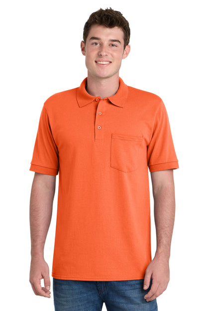 Front View of Safety Orange Port & Company Core Blend Jersey Knit Pocket Polo. KP55P