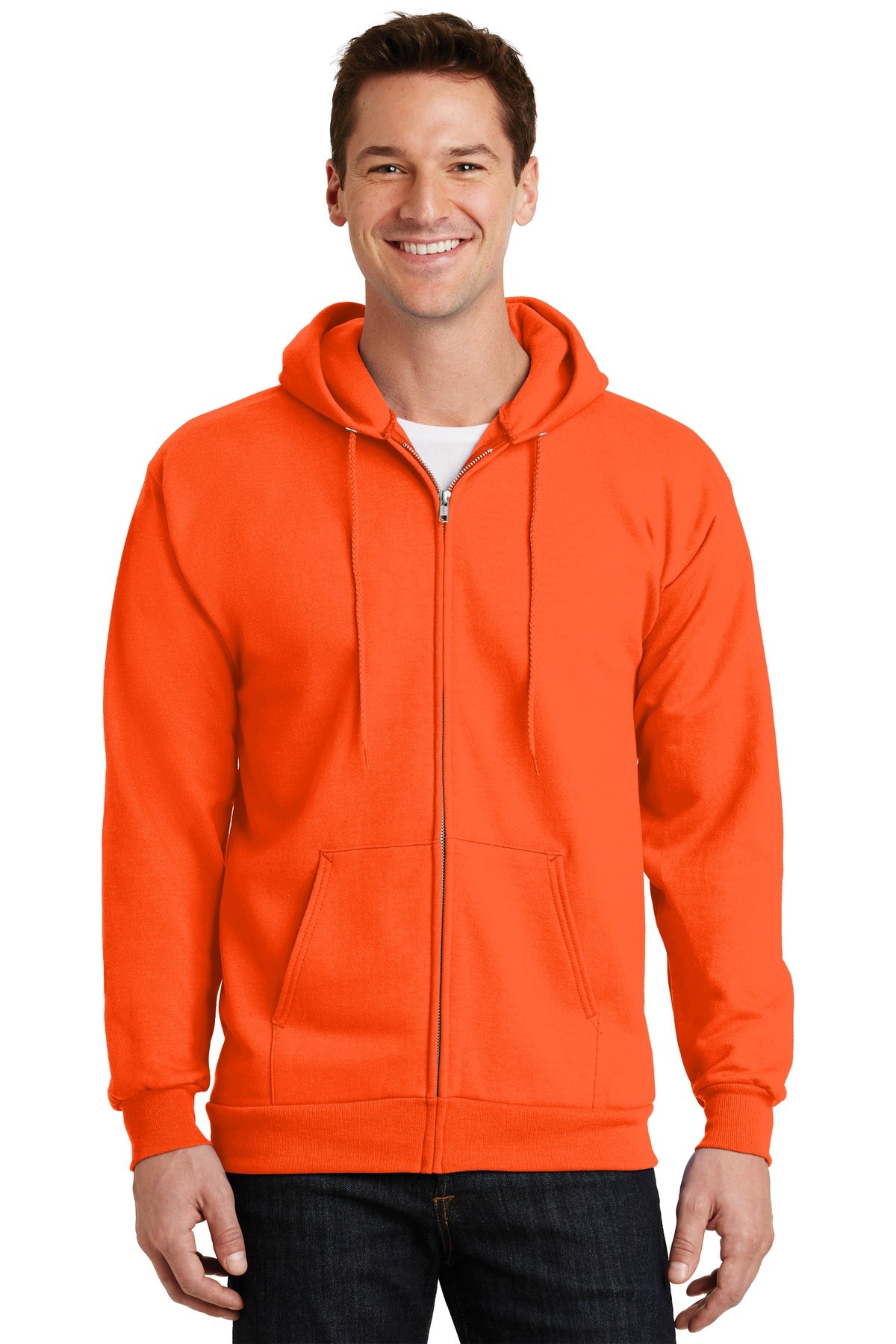 Front View of Safety Orange Port & Company Essential Fleece Full-Zip Hooded Sweatshirt. PC90ZH