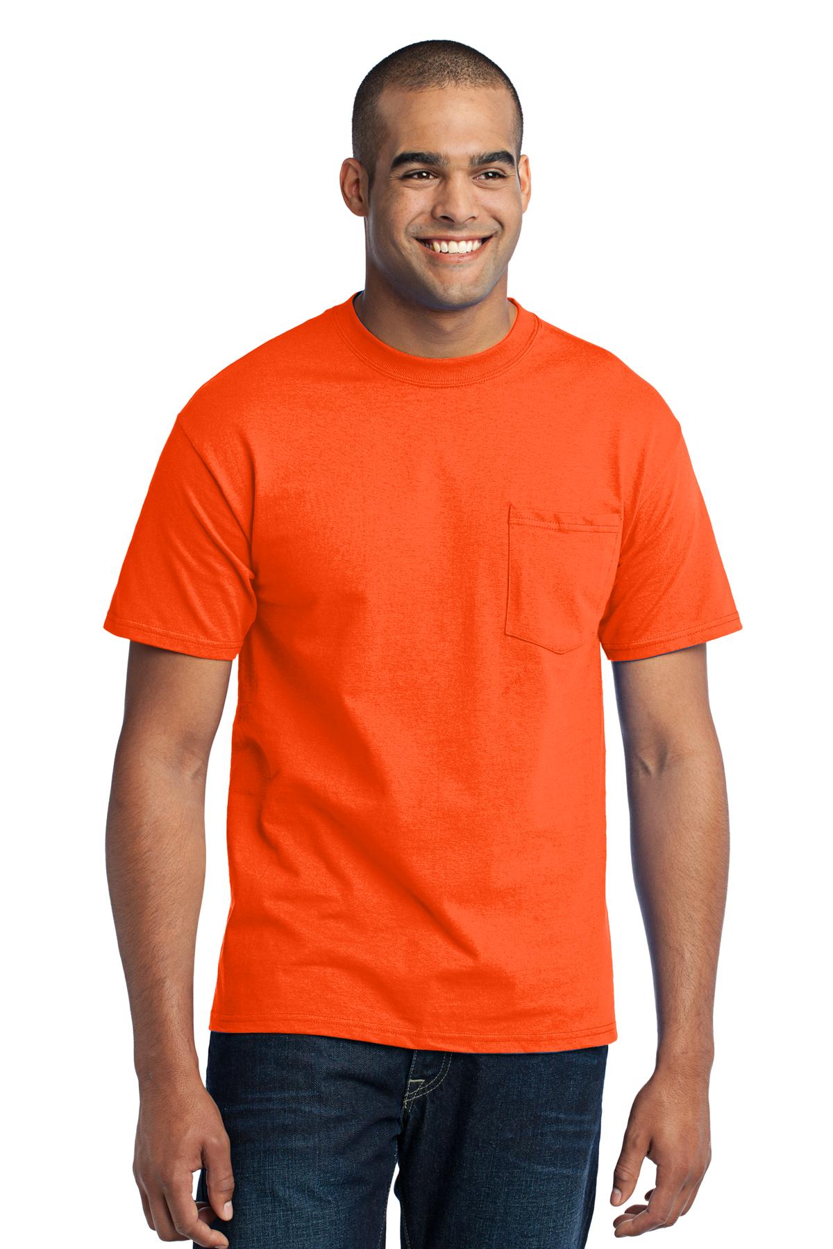 Front View of Safety Orange Port & Company Tall Core Blend Pocket Tee. PC55PT