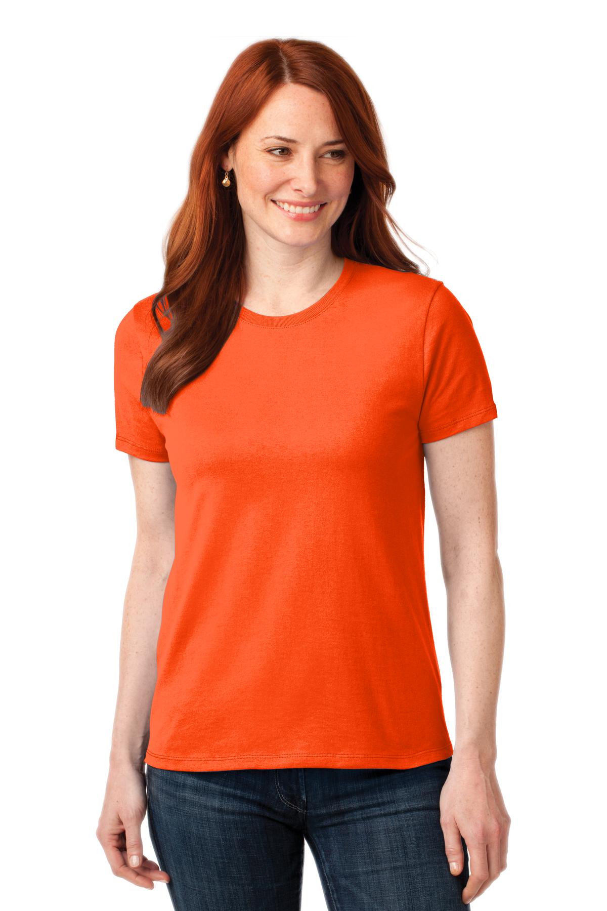 Front View of Safety Orange Port & Company Women's Core Blend Tee. LPC55