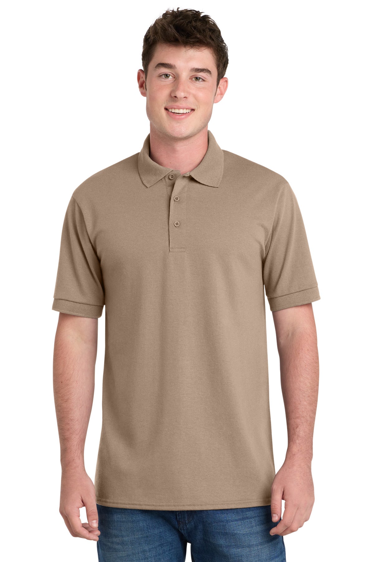 Front View of Sand Port & Company Tall Core Blend Jersey Knit Polo. KP55T