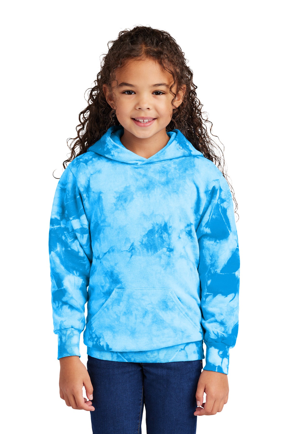 Front View of SkyBlue Port & Company Youth Crystal Tie-Dye Pullover Hoodie PC144Y
