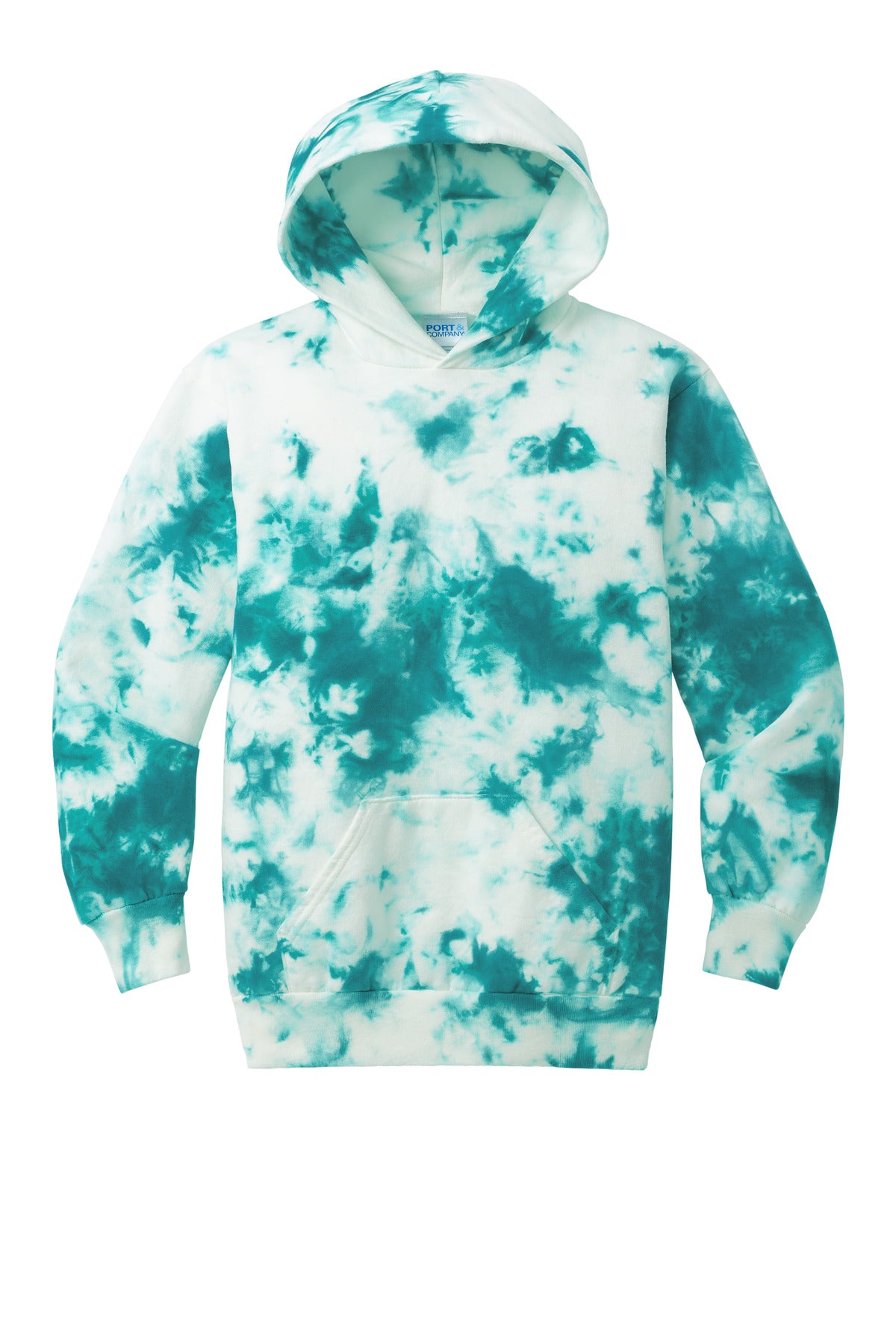 Front View of Teal Port & Company Youth Crystal Tie-Dye Pullover Hoodie PC144Y