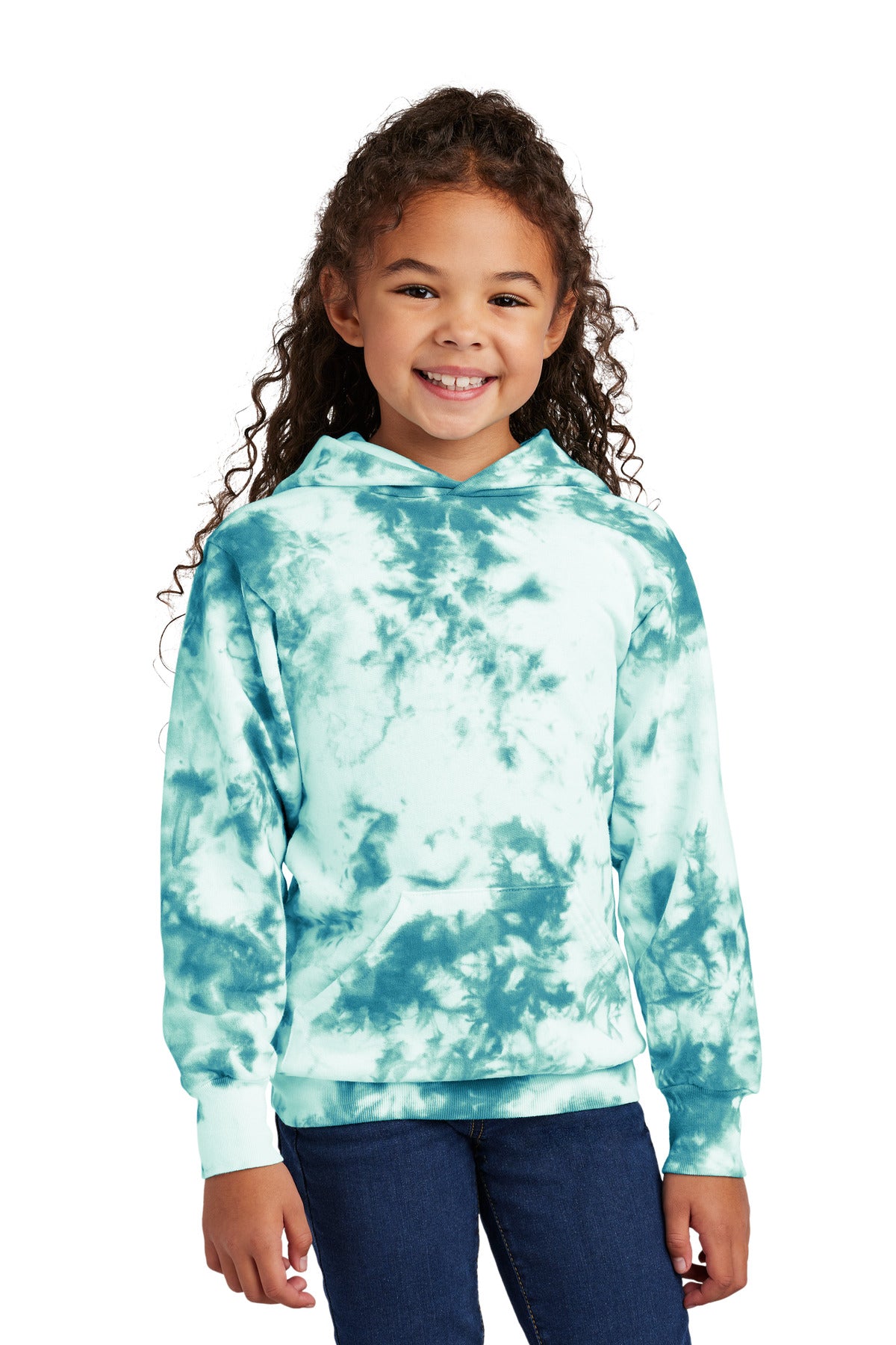 Front View of Teal Port & Company Youth Crystal Tie-Dye Pullover Hoodie PC144Y