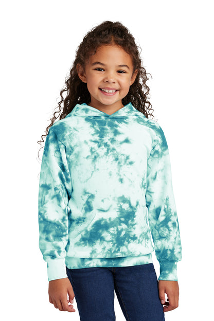 Front View of Teal Port & Company Youth Crystal Tie-Dye Pullover Hoodie PC144Y