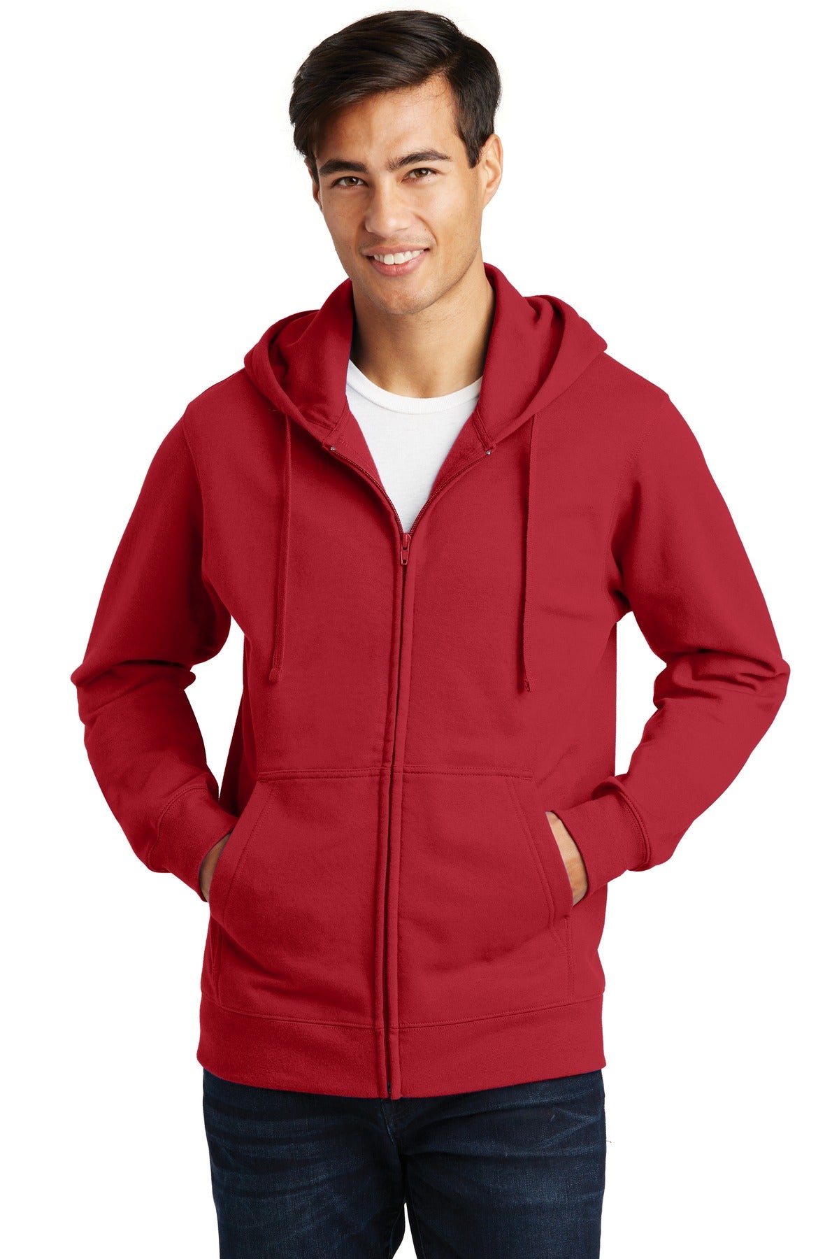 Front View of Team Cardinal Port & Company Fan Favorite Fleece Full-Zip Hooded Sweatshirt. PC850ZH