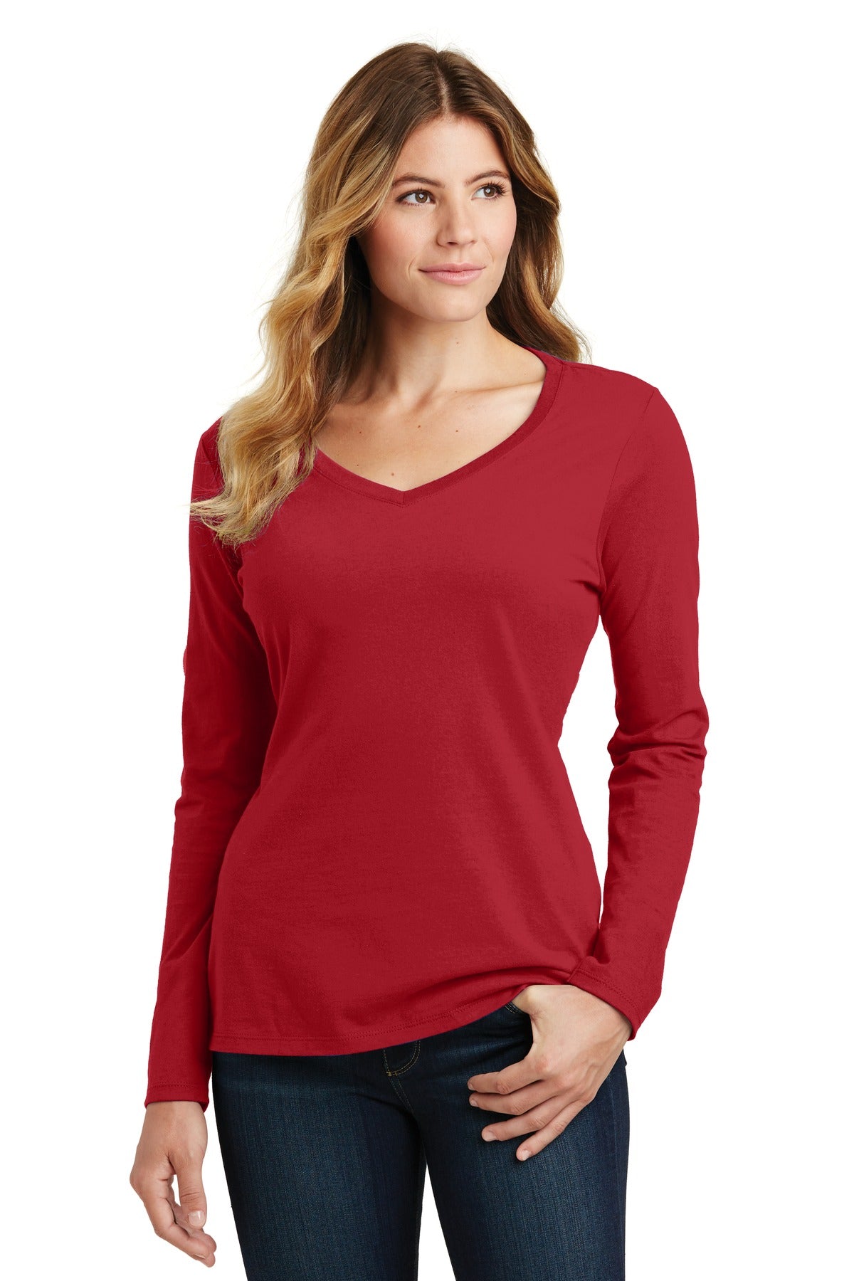 Front View of Team Cardinal Port & Company Women's Long Sleeve Fan Favorite V-Neck Tee. LPC450VLS