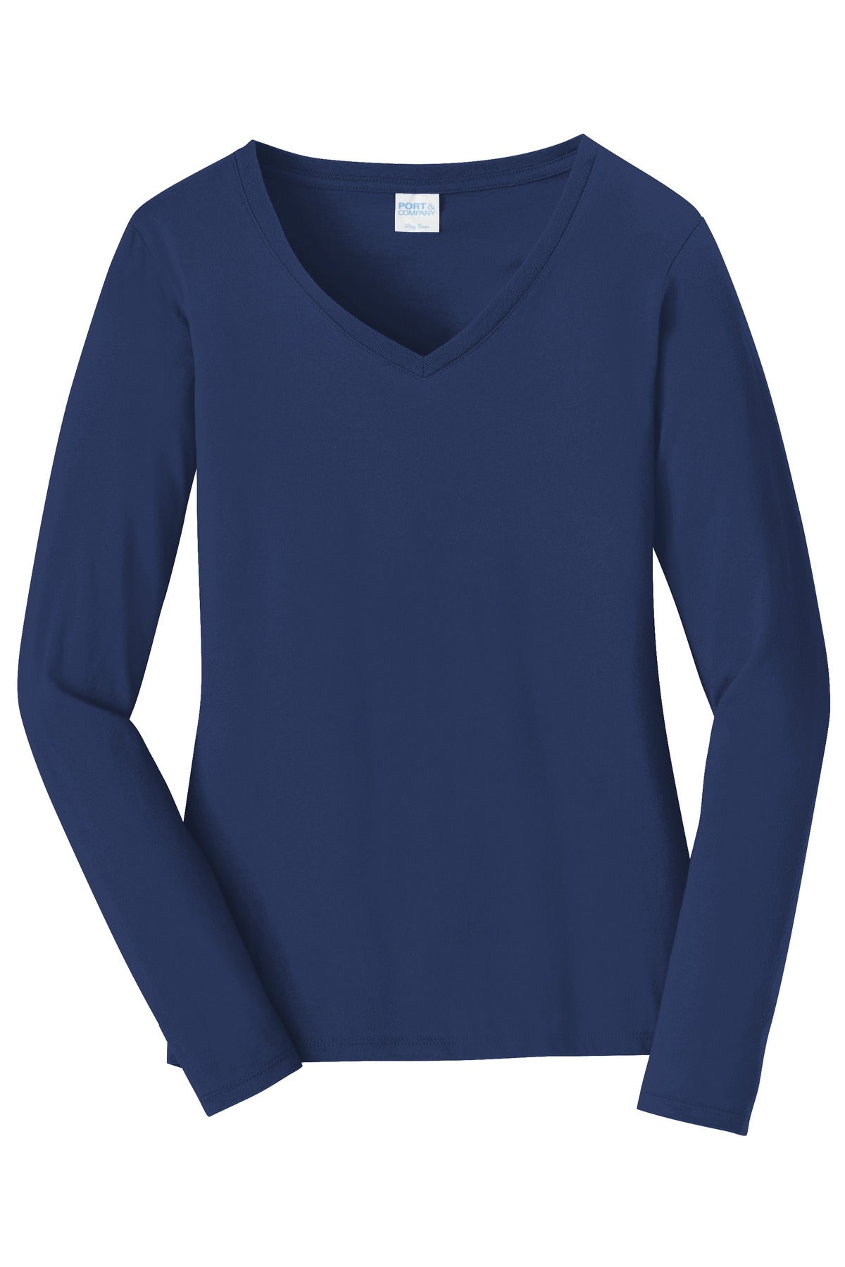 Front View of Team Navy Port & Company Women's Long Sleeve Fan Favorite V-Neck Tee. LPC450VLS
