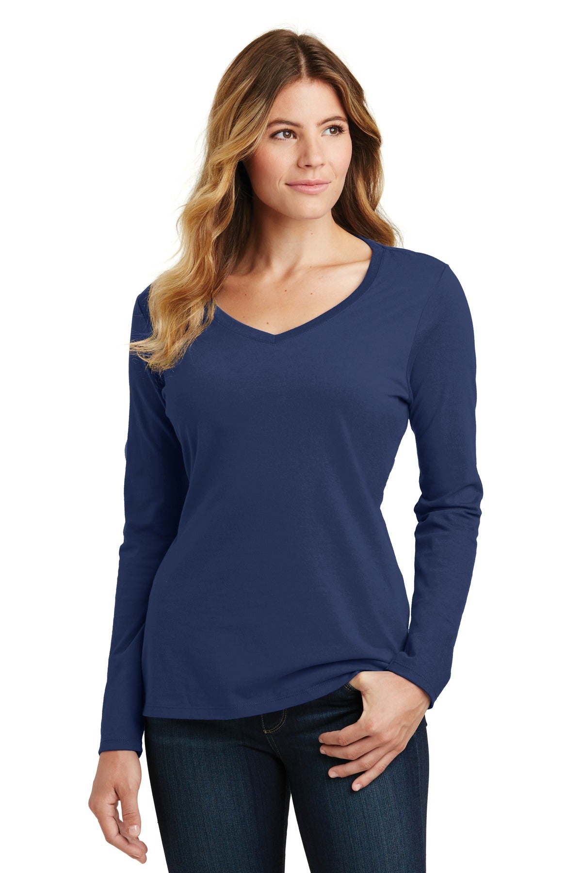 Front View of Team Navy Port & Company Women's Long Sleeve Fan Favorite V-Neck Tee. LPC450VLS