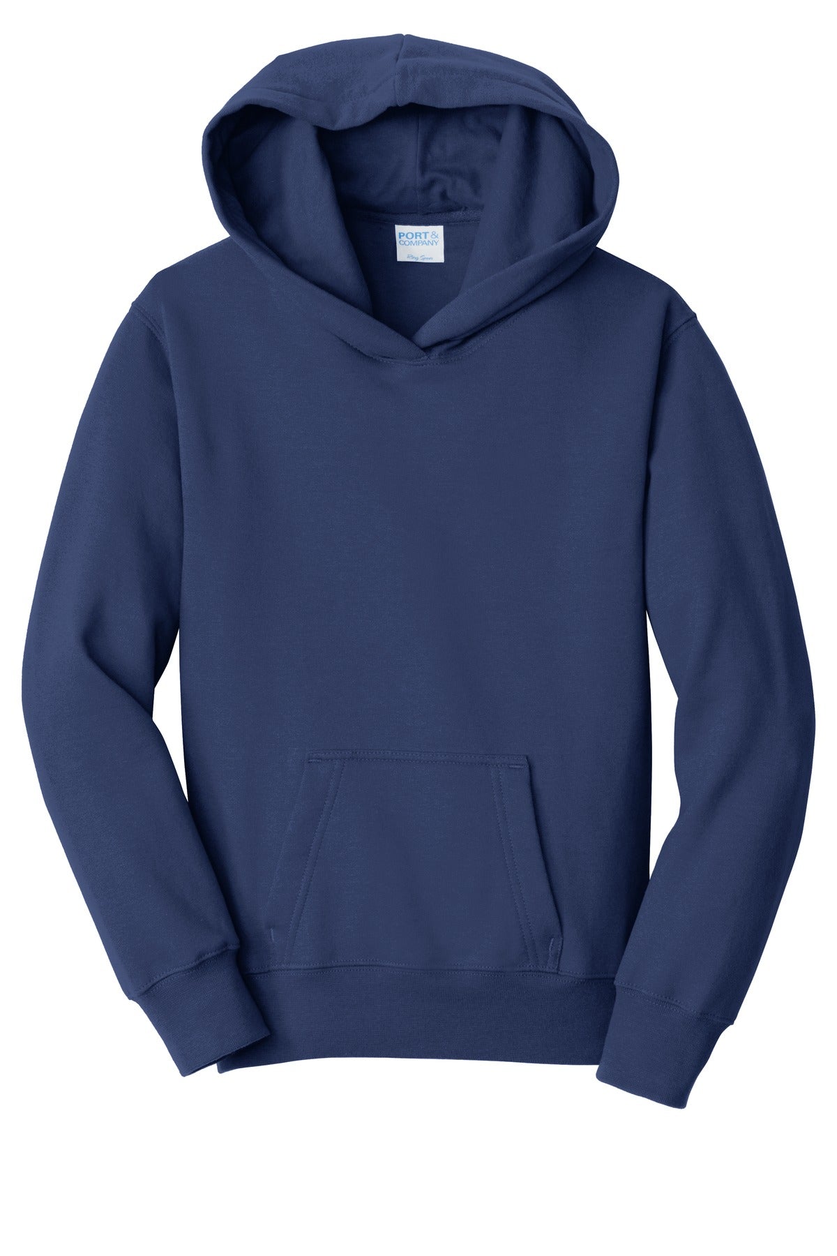 Front View of Team Navy Port & Company Youth Fan Favorite Fleece Pullover Hooded Sweatshirt. PC850YH