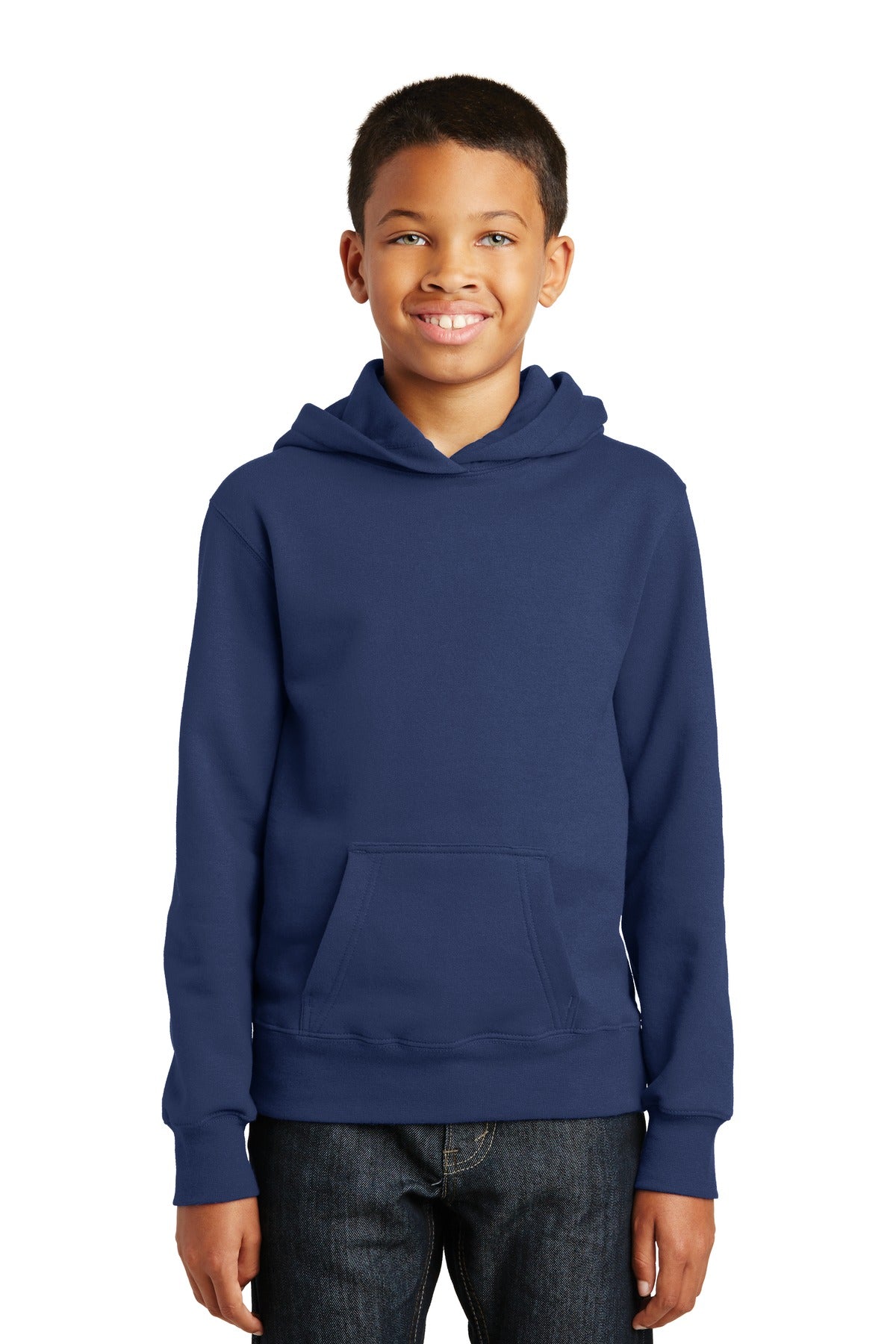Front View of Team Navy Port & Company Youth Fan Favorite Fleece Pullover Hooded Sweatshirt. PC850YH