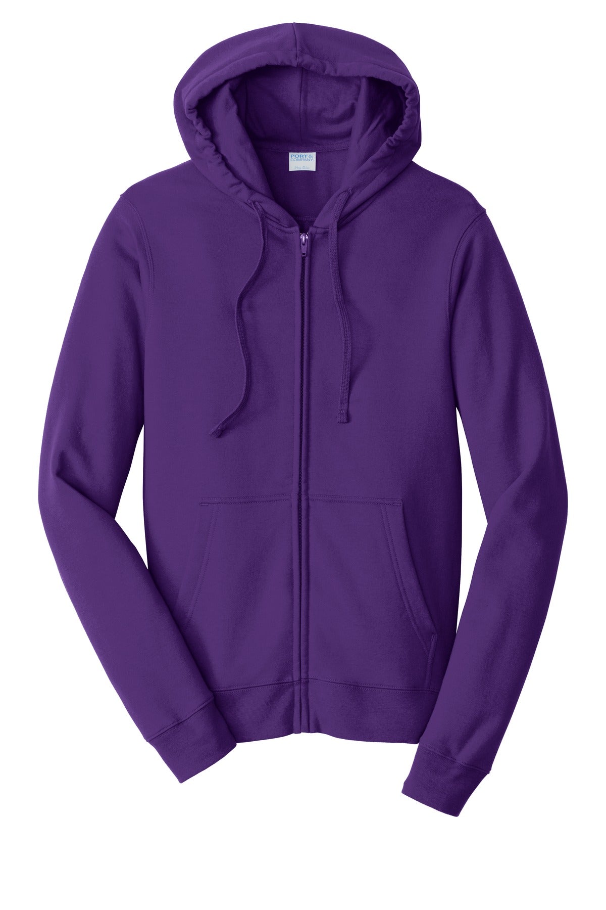 Front View of Team Purple Port & Company Fan Favorite Fleece Full-Zip Hooded Sweatshirt. PC850ZH
