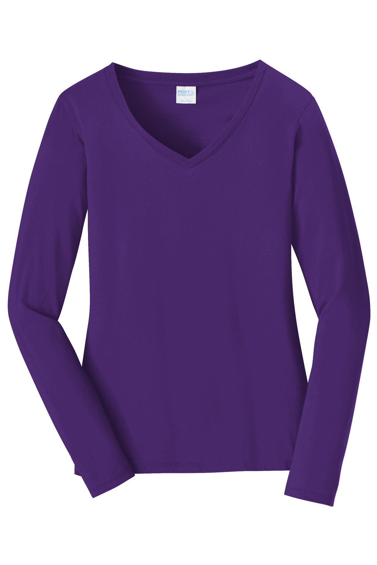 Front View of Team Purple Port & Company Women's Long Sleeve Fan Favorite V-Neck Tee. LPC450VLS