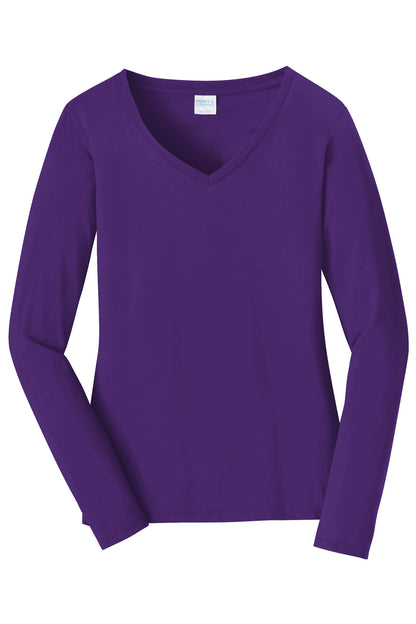 Front View of Team Purple Port & Company Women's Long Sleeve Fan Favorite V-Neck Tee. LPC450VLS
